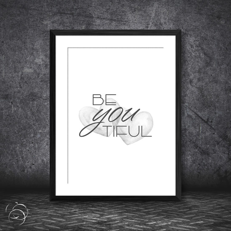 Be You Tiful Watercolour Grey Lovehearts Print